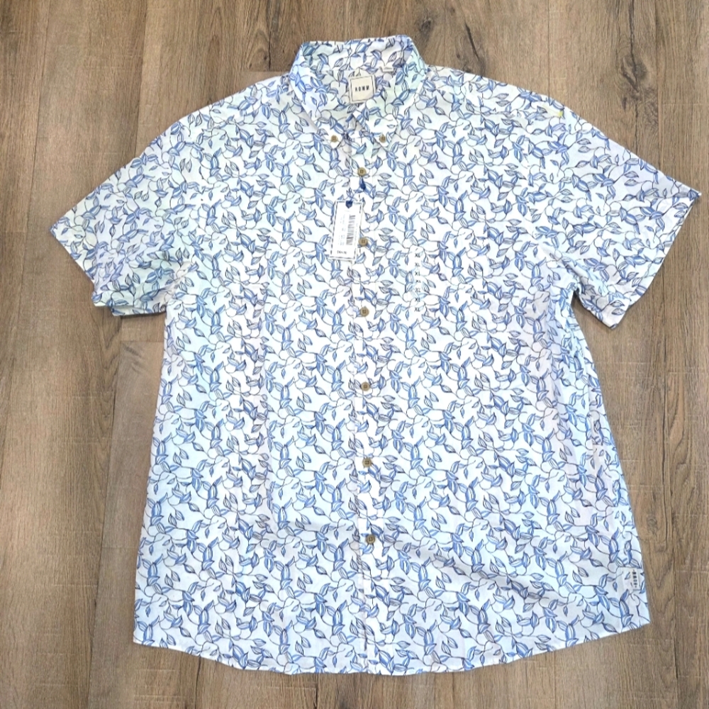 ROWM NWT Shirt Mens XL Blue White Botanical Leaf Short Sleeve Tropical   Button